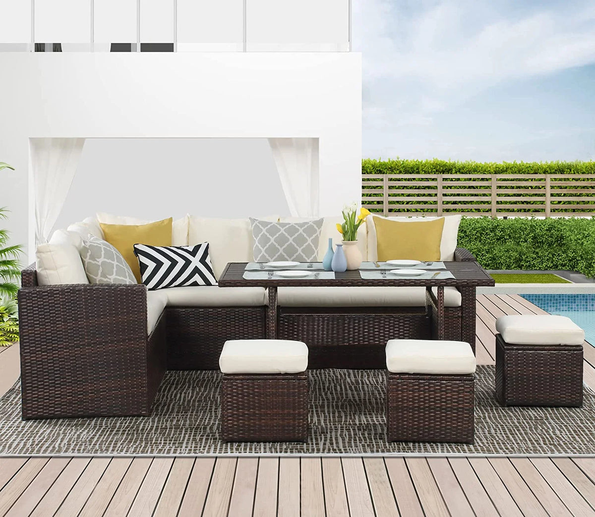 Ivory 7 Piece Outdoor Wicker Dining Sectional Sofa with Ottoman K26359