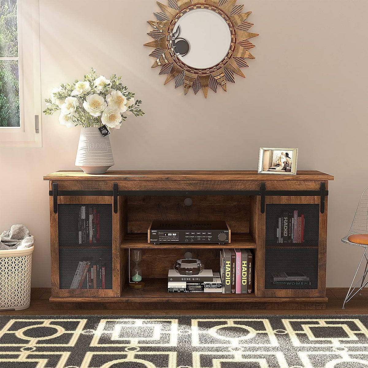 Farmhouse TV Stand with Sliding Barn Doors and Storage Cabinets (Brown) R23736