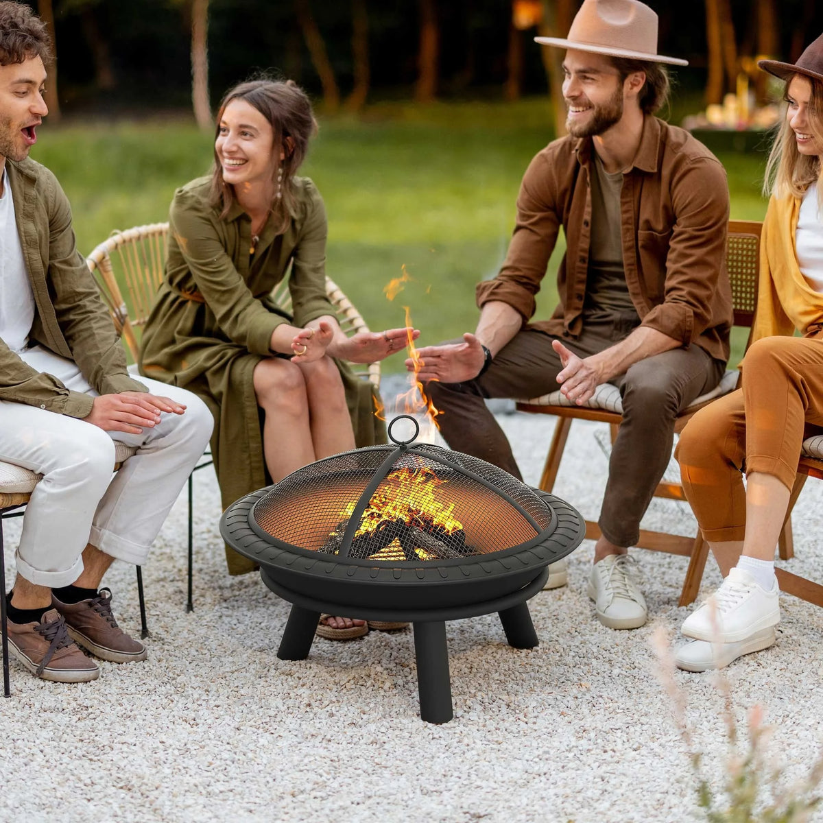 25" Wood-Burning Fire Pit Bowl with Spark Screen and Poker L1639