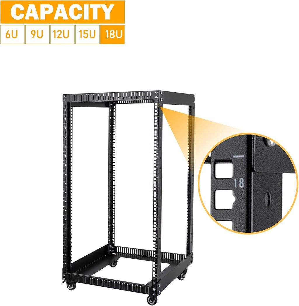 18U 4 Post Open Frame Server Rack with Brake Casters Black S131532