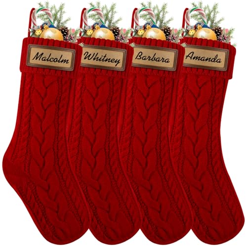4 Pack 18 Inch Cable Knitted Christmas Stockings with Name Tags Red White K940