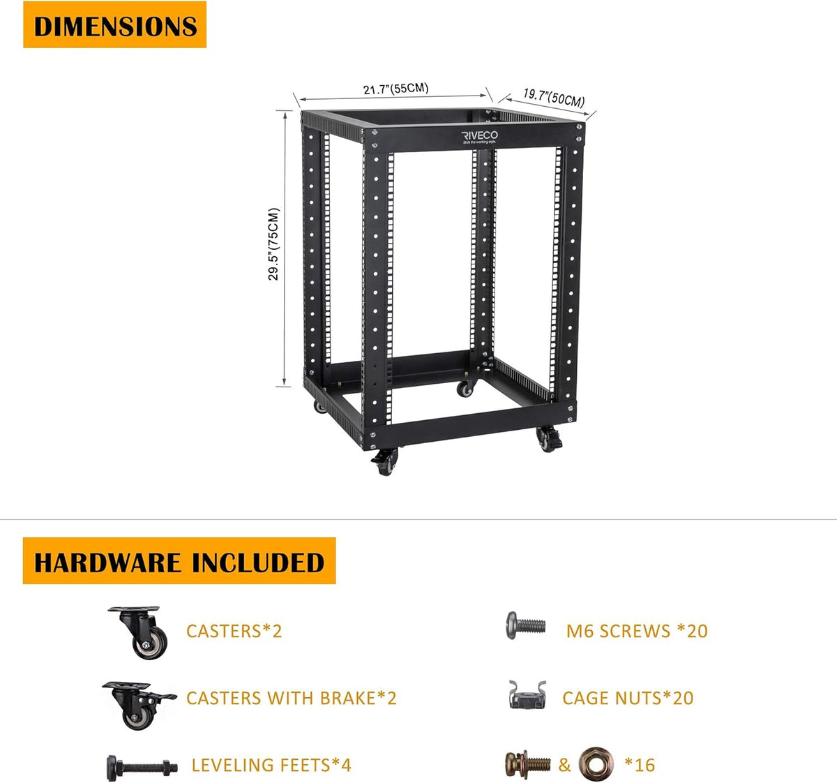 18U 4 Post Open Frame Server Rack with Brake Casters Black S131532