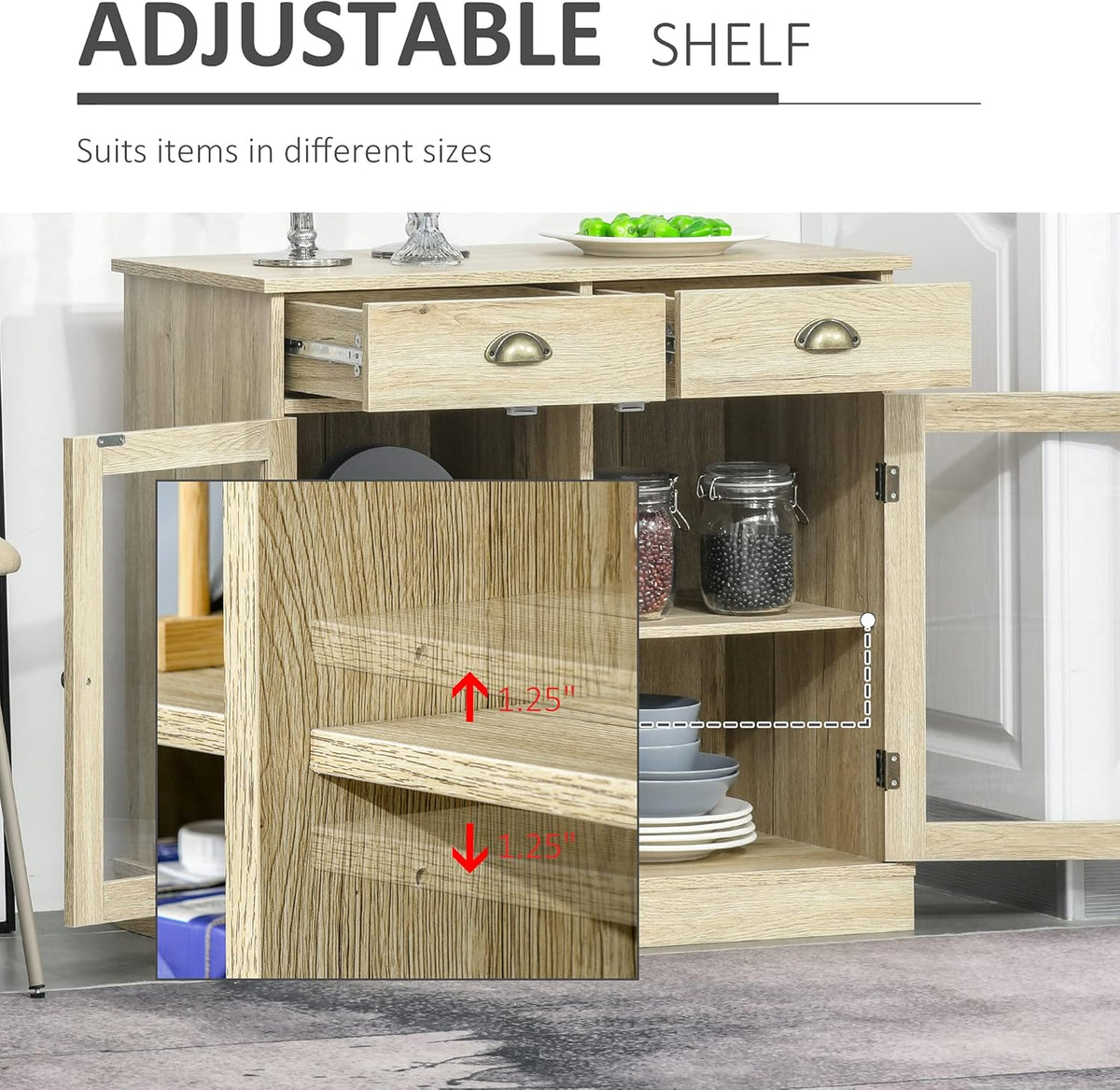 Rustic Oak Sideboard Storage Cabinet with 2 Glass Doors and 2 Drawers F39890