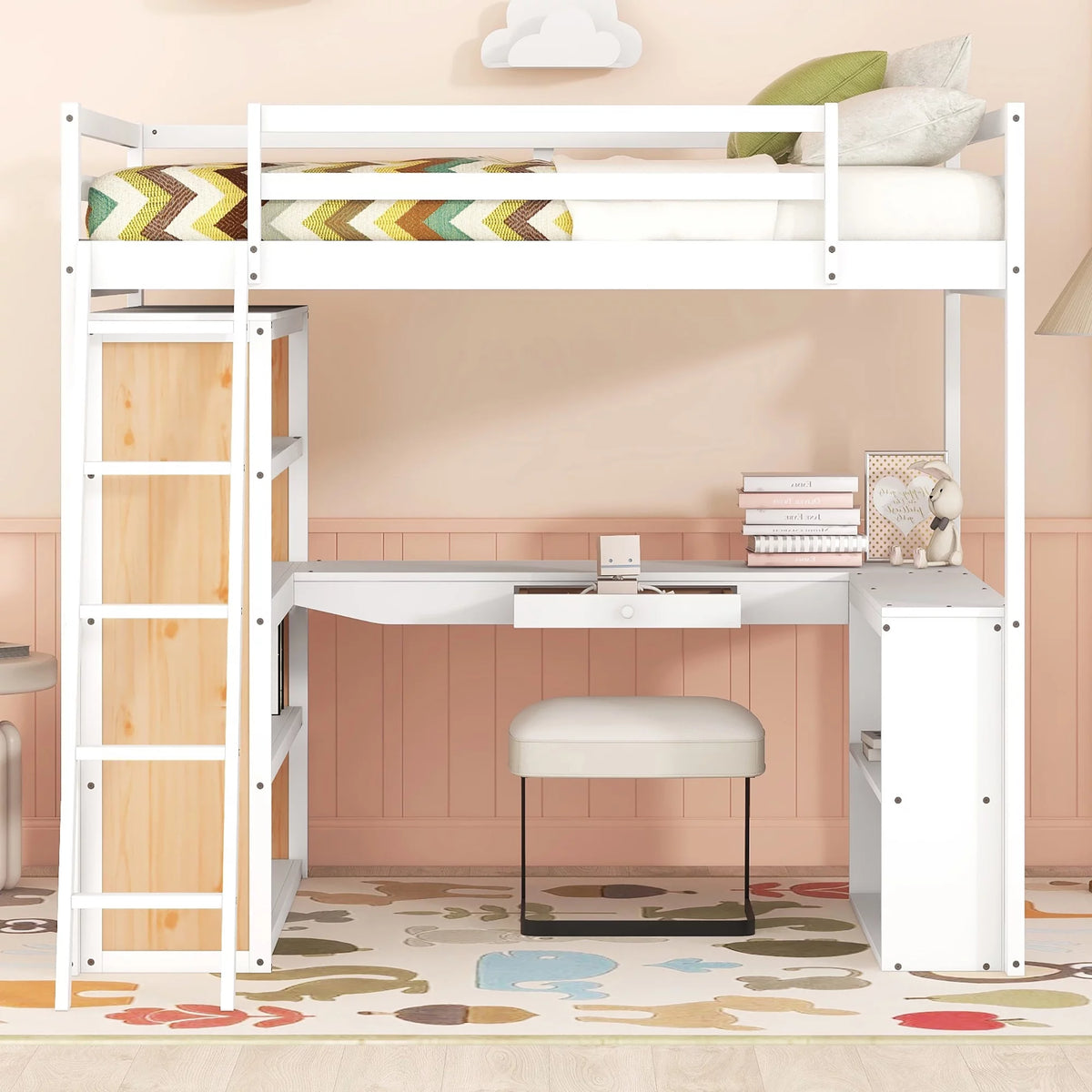 White Full Size Loft Bed with Ladder Shelves and Desk Q33028