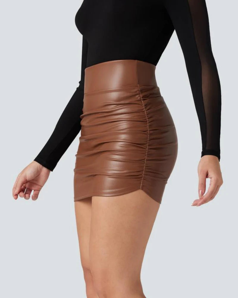 High Waisted Tummy Control Ruched Fleece Mini Skirt D7037