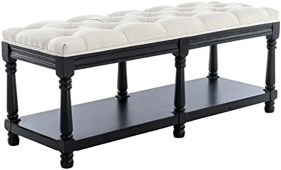 Beige Fabric Upholstered Bench with Ring Pull T346236