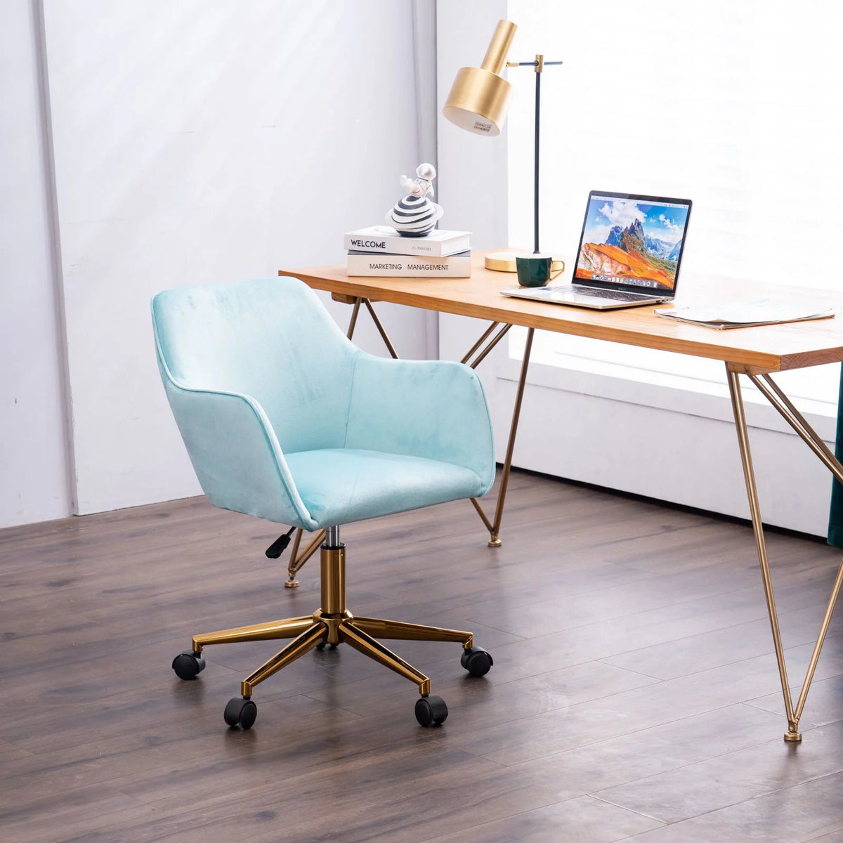 Aqua Light Blue Velvet Adjustable Height Office Chair Y800