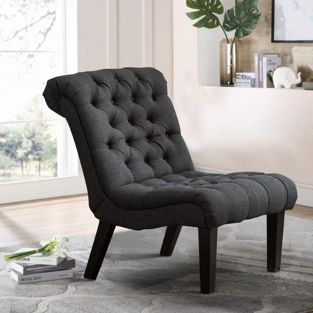 Cream Linen Tufted Accent Chair with Wood Legs P878706