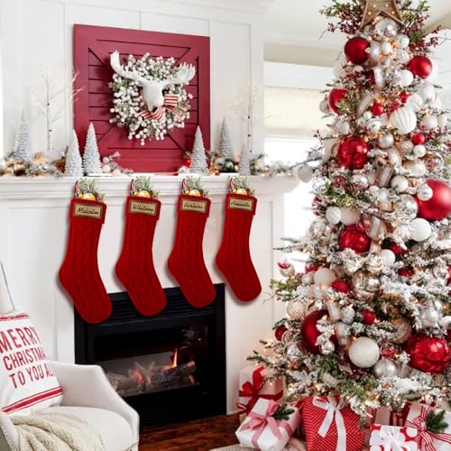 4 Pack 18 Inch Cable Knitted Christmas Stockings with Name Tags Red White K940