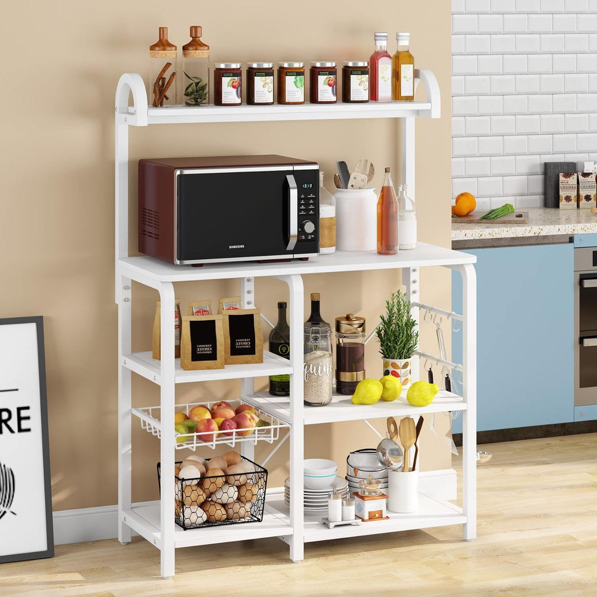 White Industrial Kitchen Cart with Wire Basket and 6 Hooks A1497