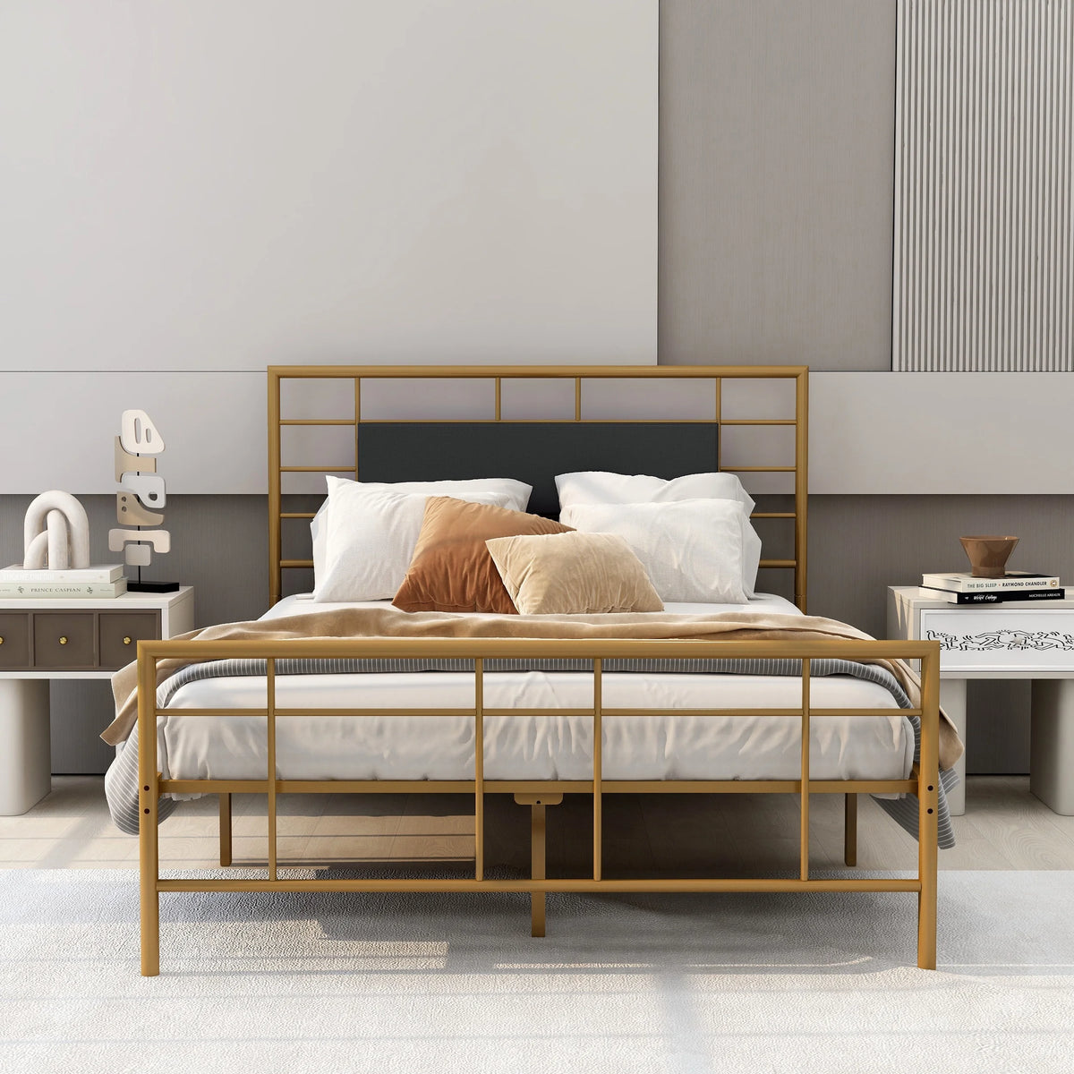 Queen Size Black Metal Platform Bed Frame with Leather Upholstered Headboard A180