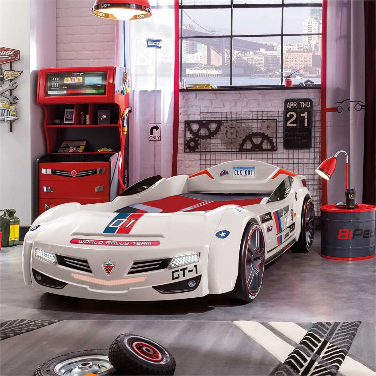 White Wood Twin Race Car Bed T126189