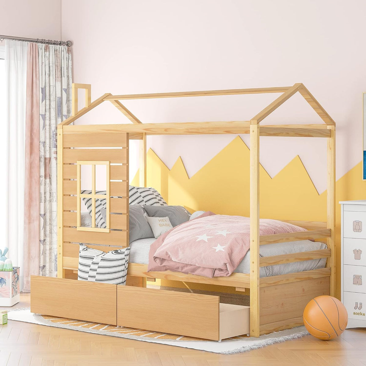 White Twin House Shape Wooden Floor Bed with Trundle C67920