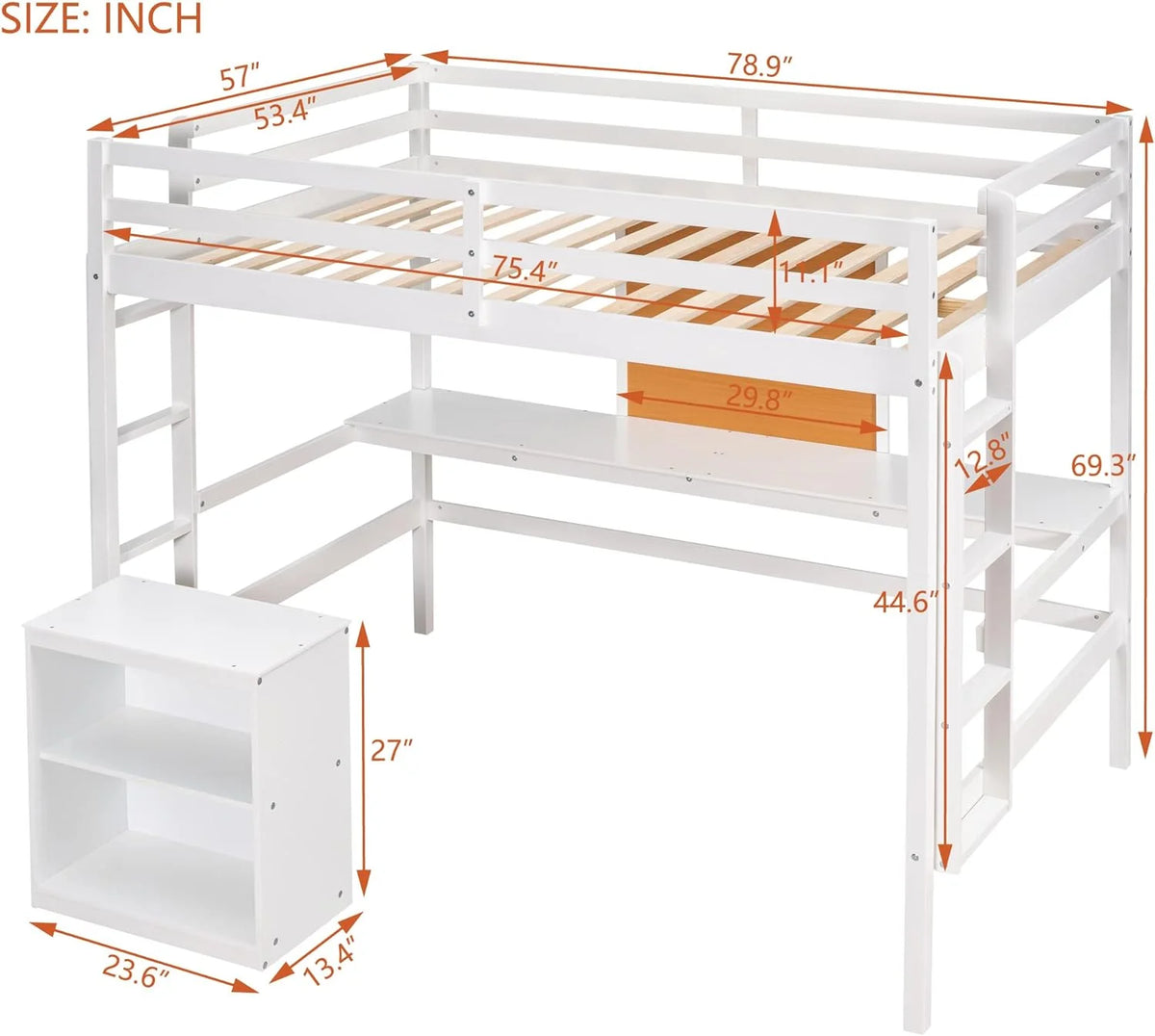White Full Size Wood Loft Bed Frame with Desk and Storage Shelves B4709
