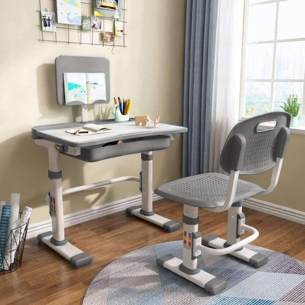 Grey Height Adjustable Kids Desk and Chair Set with Tilt Desktop and Storage Drawer P928379