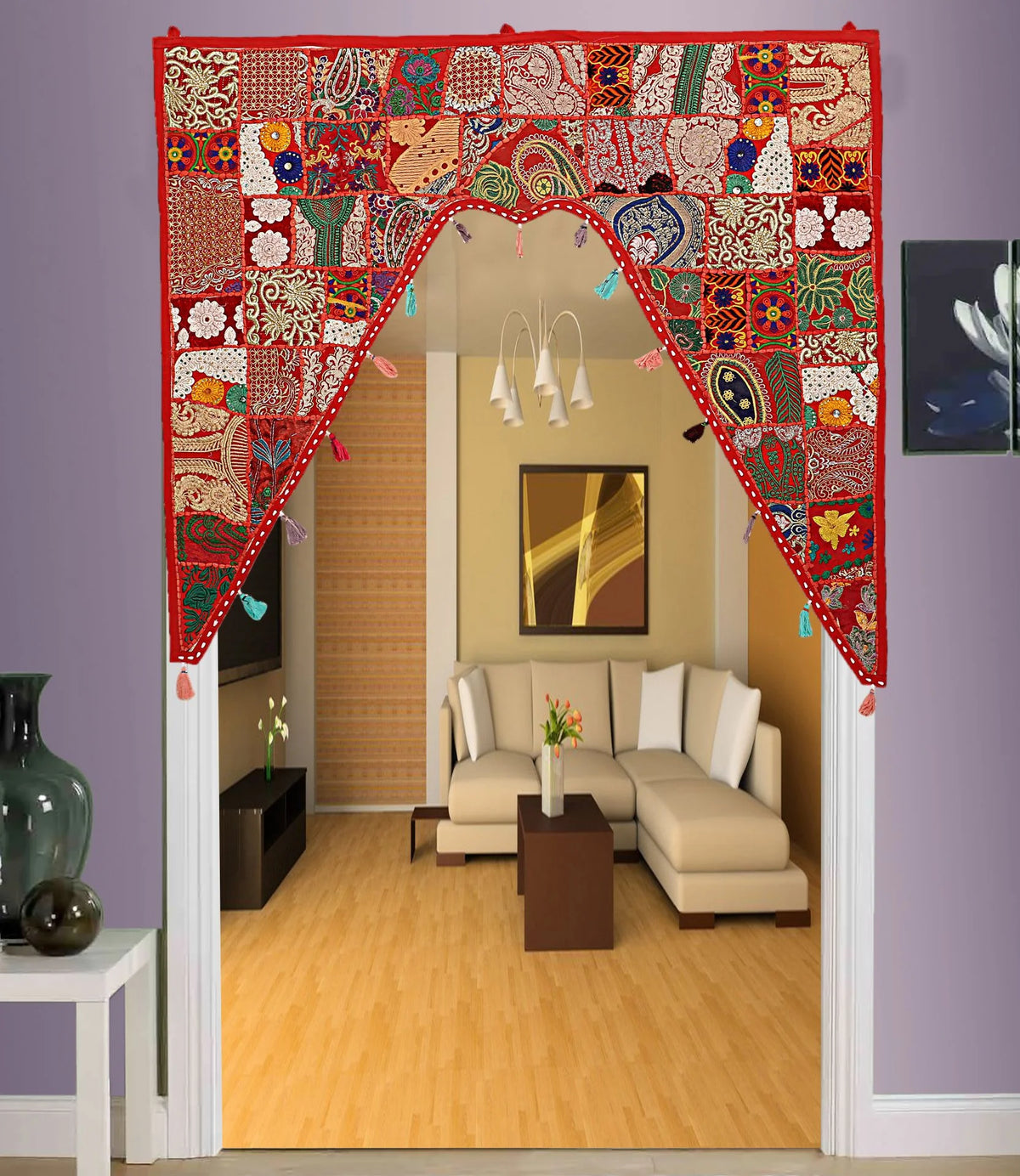 Indian Cotton Embroidered Patch Work Floral Swag Curtain Topper, 45 x 41 Inches Z479