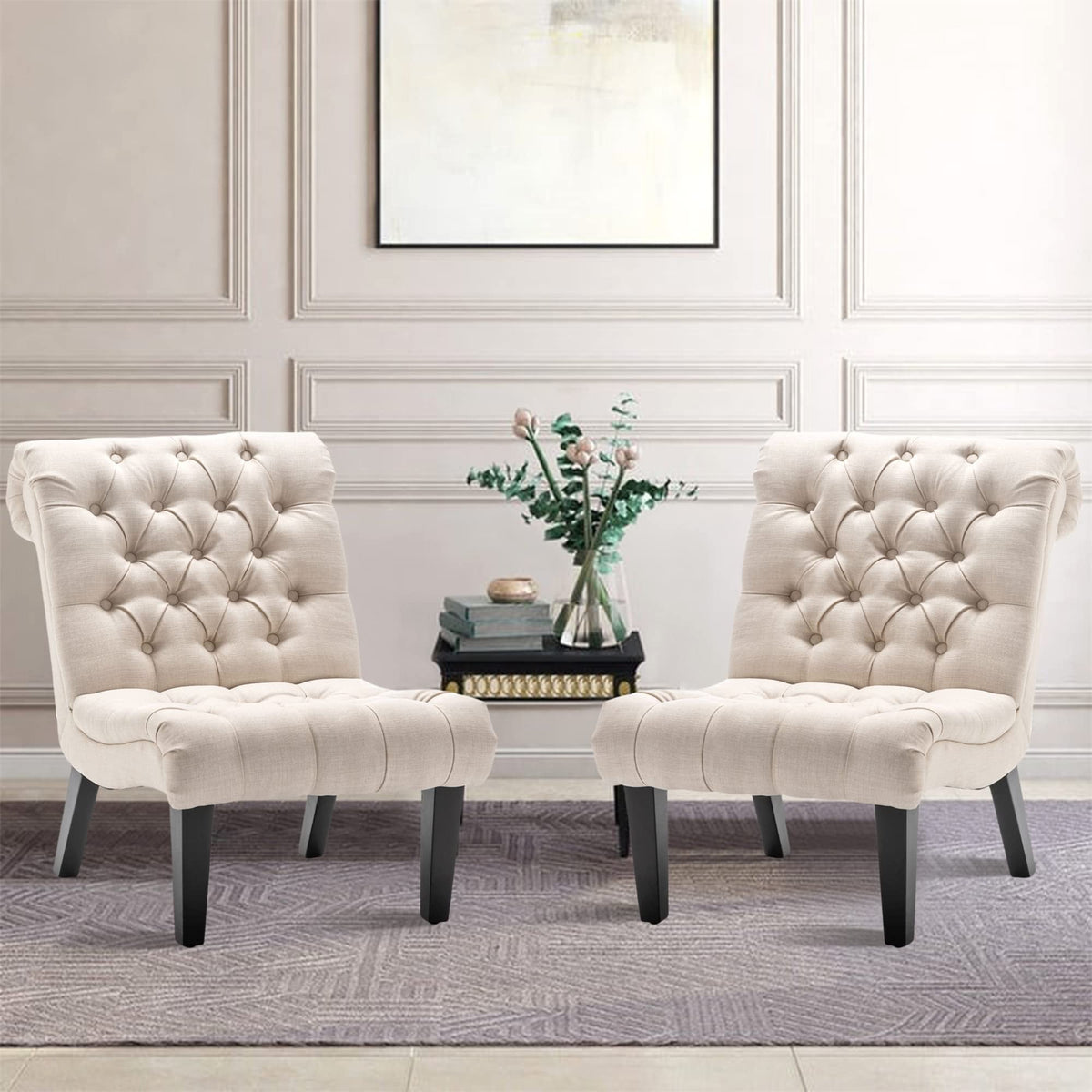 Cream Linen Tufted Accent Chair with Wood Legs P878706