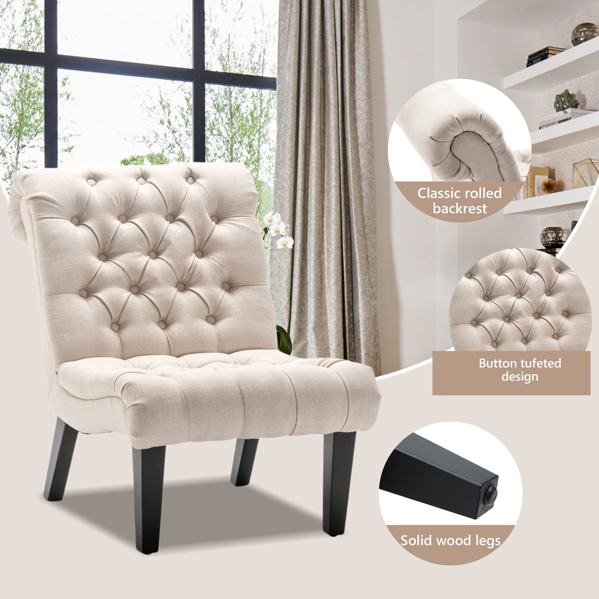 Cream Linen Tufted Accent Chair with Wood Legs P878706