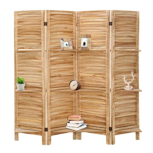 4 Panel Wooden Room Divider with Shelves (Deep Brown) Y25769