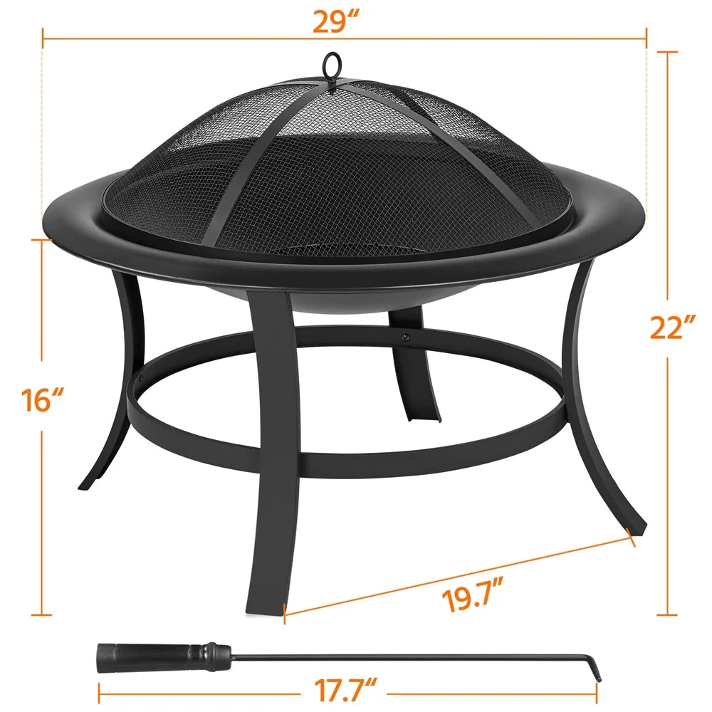 Black Iron Fire Pit with Spark Screen and Wood Grate V395