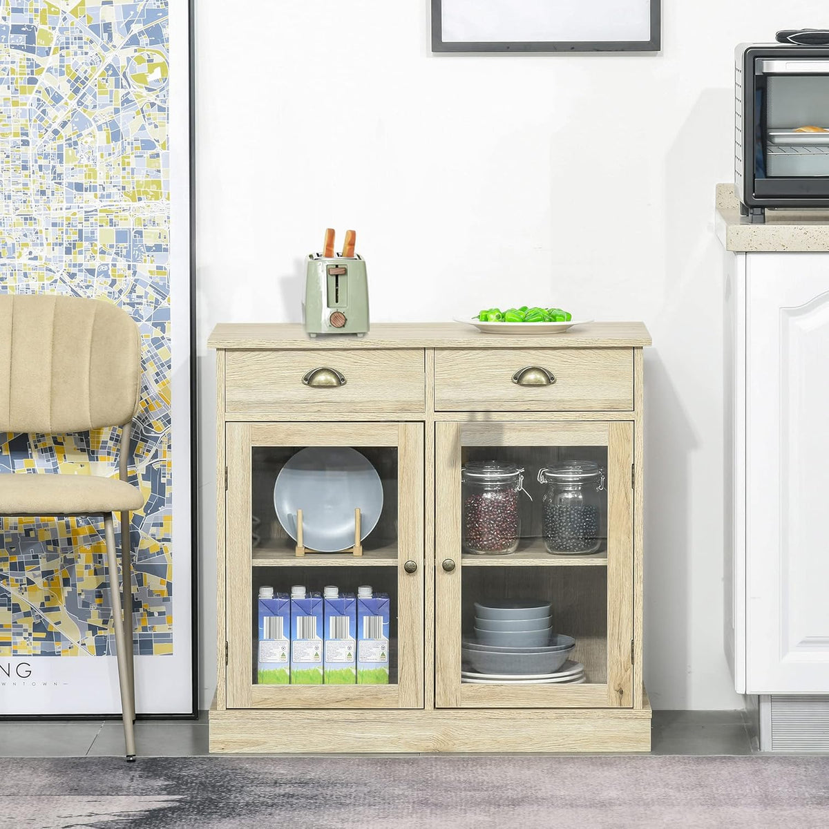Rustic Oak Sideboard Storage Cabinet with 2 Glass Doors and 2 Drawers F39890