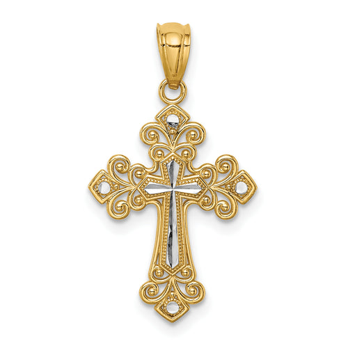 14K Two-Tone Gold Rhodium Plated Diamond Cut Cross Pendant With 14K Yellow Gold Rope Chain 20" R25529