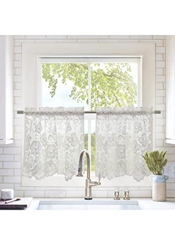 Ivory Embroidered Floral Lace Window Curtain Swag Pair 72" x 32" Y954