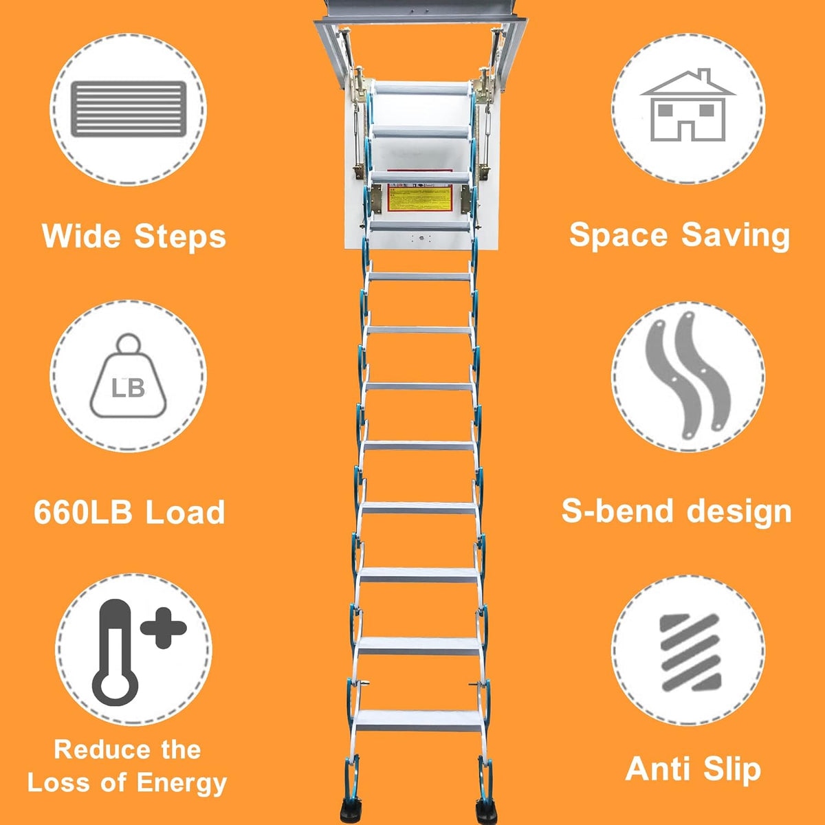 Attic Ladder 12 Steps Pull Down Folding Extension Loft Stair, Carbon Steel, 31.5 x 35.4 Inch, 9.8ft Height J982
