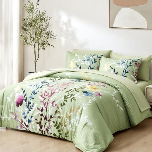 Sage Green King Floral Comforter Set with Sheets and Pillowcases K8112