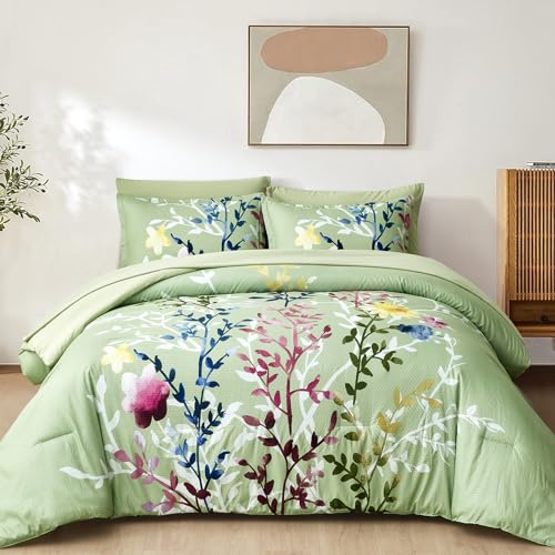 Sage Green King Floral Comforter Set with Sheets and Pillowcases K8112