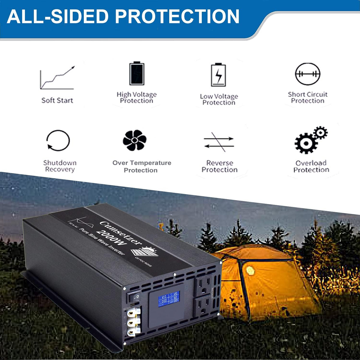 2000W 24V Pure Sine Wave Power Inverter with Dual US Outlet O8936