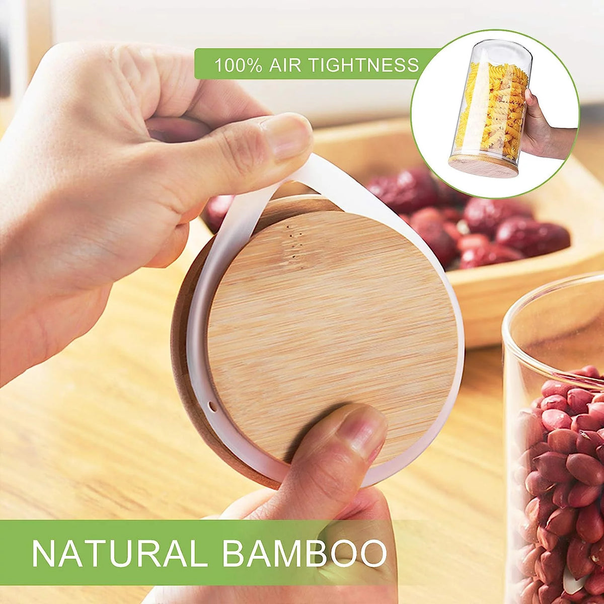 Set of 6 Airtight Borosilicate Glass Storage Jars with Bamboo Lids, 2 Sizes A198602