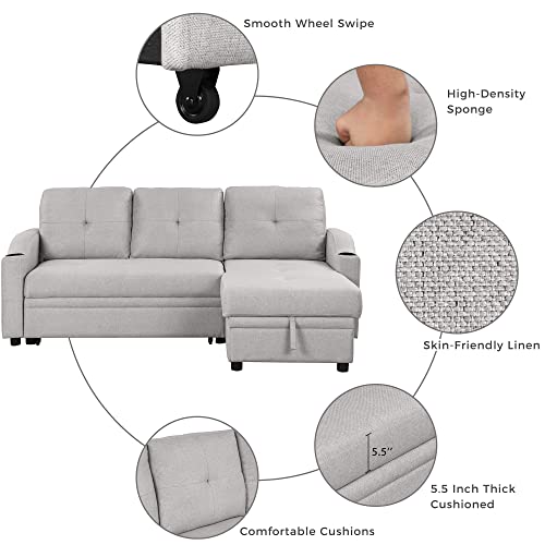 80.3" Linen Fabric 3 Seater Sofa Bed with Storage Chaise S3183