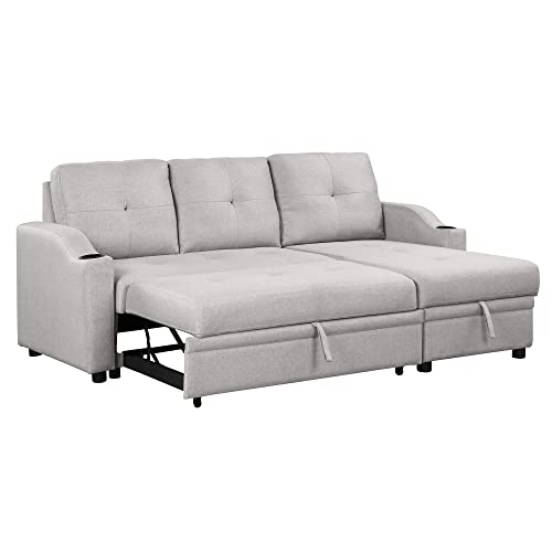 80.3" Linen Fabric 3 Seater Sofa Bed with Storage Chaise S3183