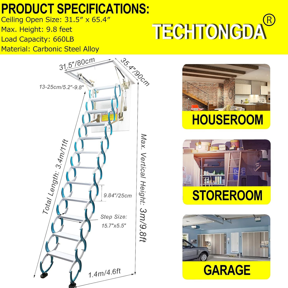 Attic Ladder 12 Steps Pull Down Folding Extension Loft Stair, Carbon Steel, 31.5 x 35.4 Inch, 9.8ft Height J982