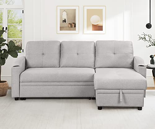 80.3" Linen Fabric 3 Seater Sofa Bed with Storage Chaise S3183