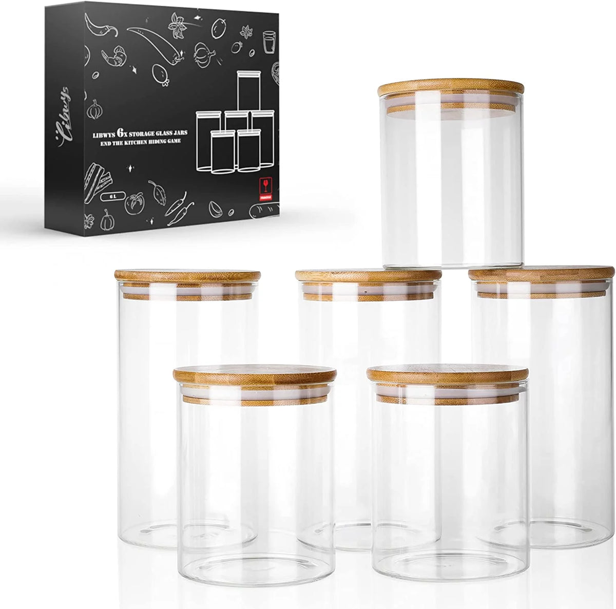 Set of 6 Airtight Borosilicate Glass Storage Jars with Bamboo Lids, 2 Sizes A198602