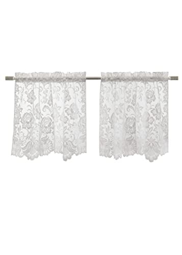 Ivory Embroidered Floral Lace Window Curtain Swag Pair 72" x 32" Y954