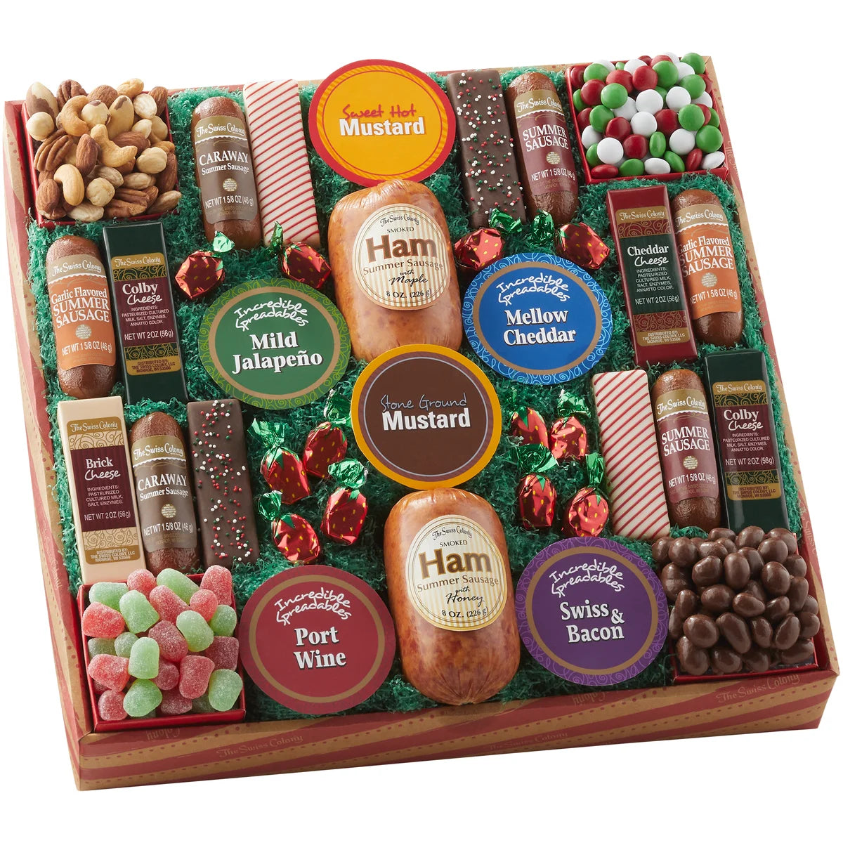 Assorted Holiday Treats with Ham Summer Sausages, Chocolates, Cheese Bars and Logs, and Candy A1755
