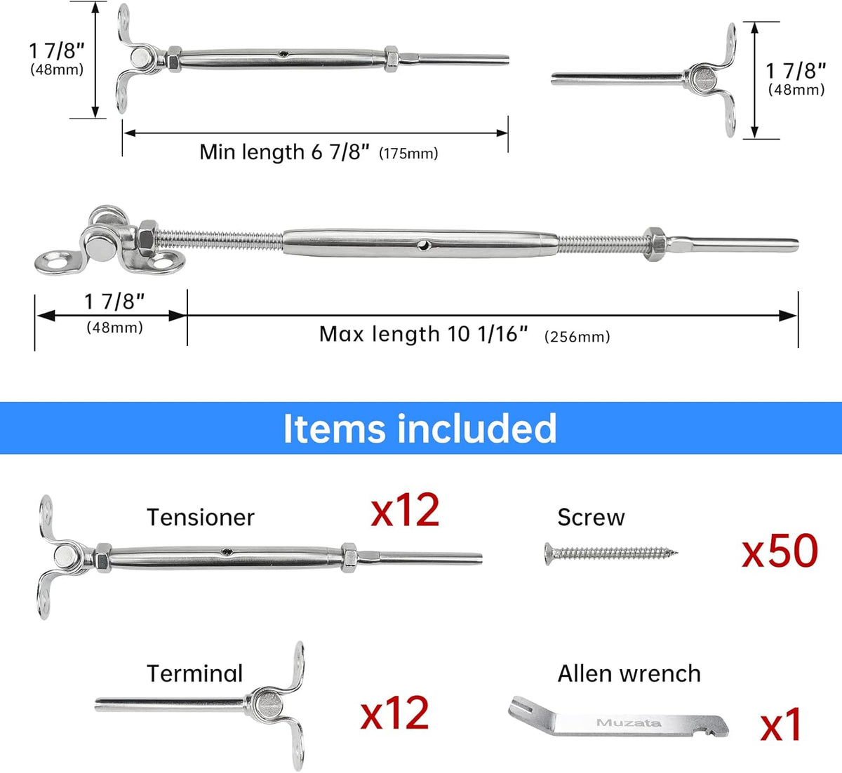 12Set Cable Railing Kit 1/8 T316 Stainless Steel Angle 180° Adjustable G93917