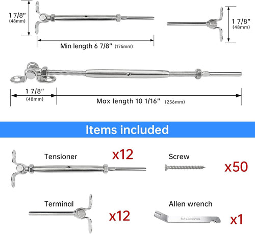 12Set Cable Railing Kit 1/8 T316 Stainless Steel Angle 180° Adjustable G93917