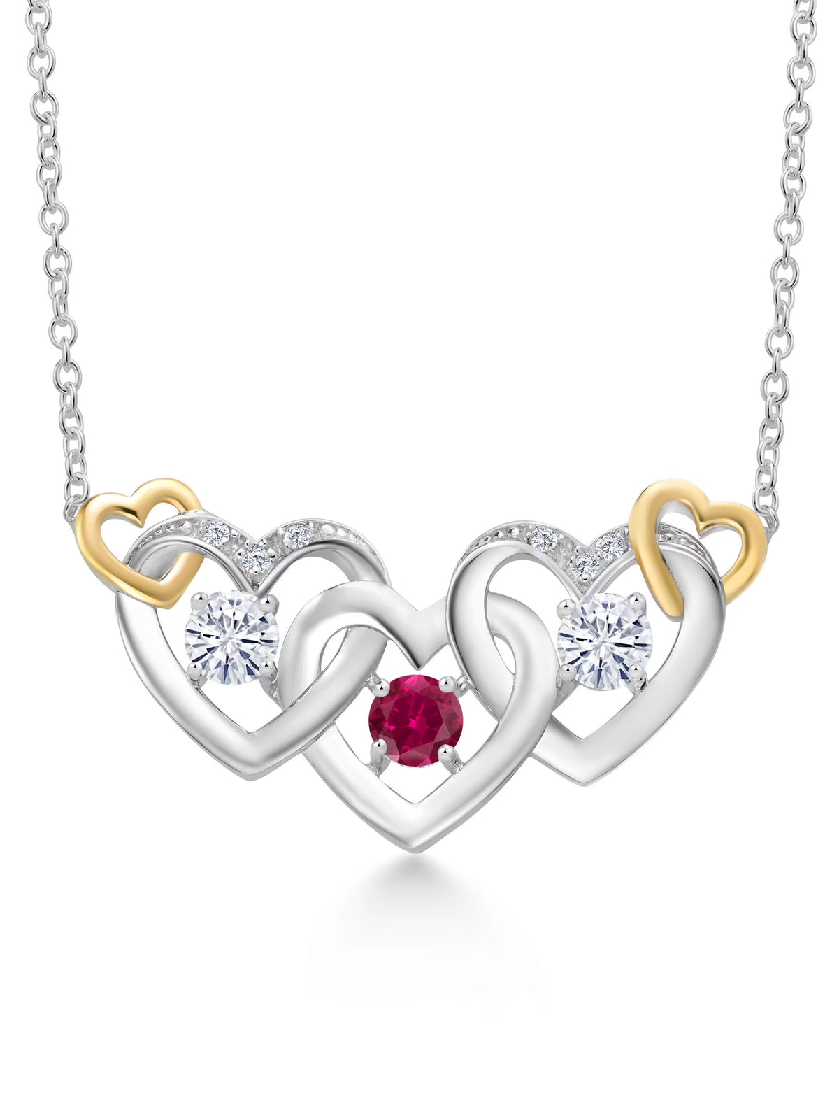925 Silver and 10K Yellow Gold Red Created Ruby White Moissanite and White Lab Grown Diamond Heart Shape Pendant Necklace with 18 inch Chain O760