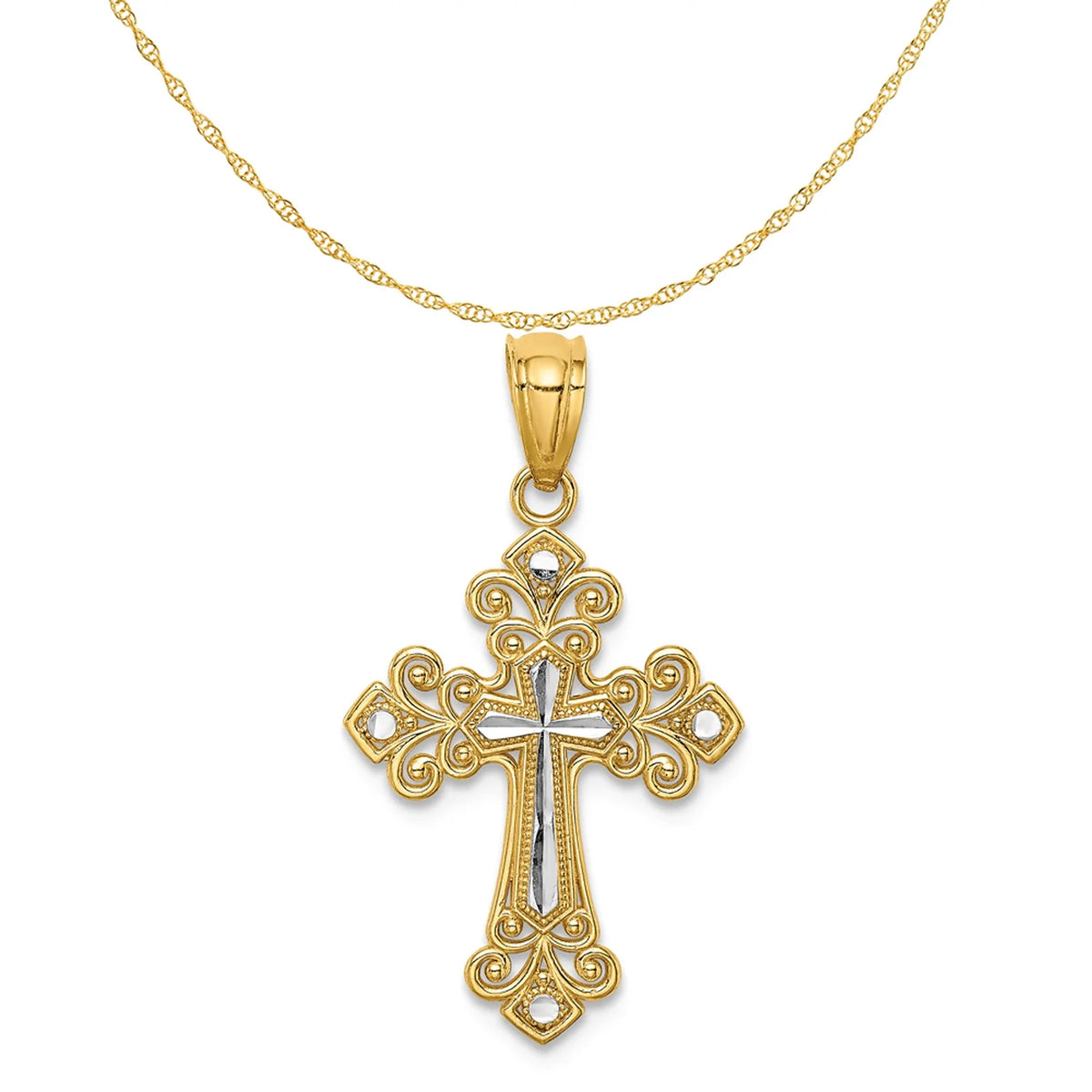 14K Two-Tone Gold Rhodium Plated Diamond Cut Cross Pendant With 14K Yellow Gold Rope Chain 20" R25529