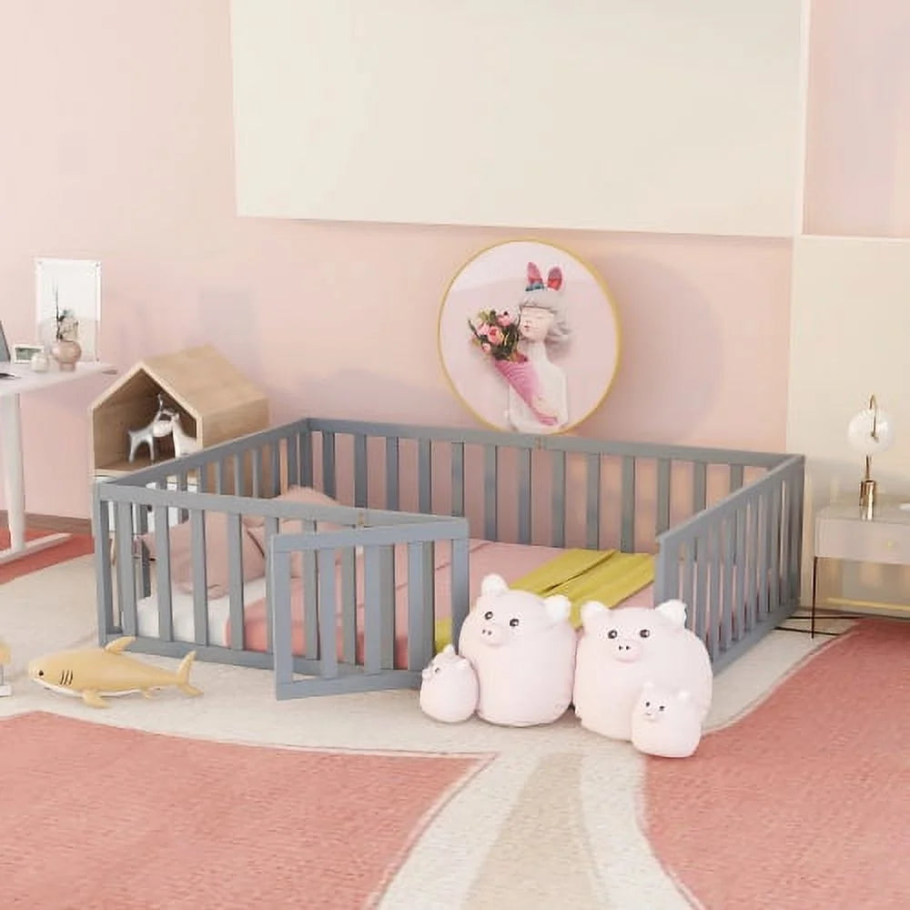 Full Size Wood Floor Bed with Fence Guardrails and Support Slats L976