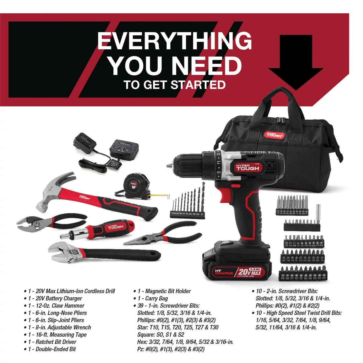 20V Max Lithium-Ion 3/8 inch Cordless Drill 70-Piece Home Tool Set P22669