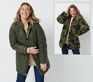 Reversible Faux Fur and Water Resistant Jacket, Size 3X, Olive/Camo U402218