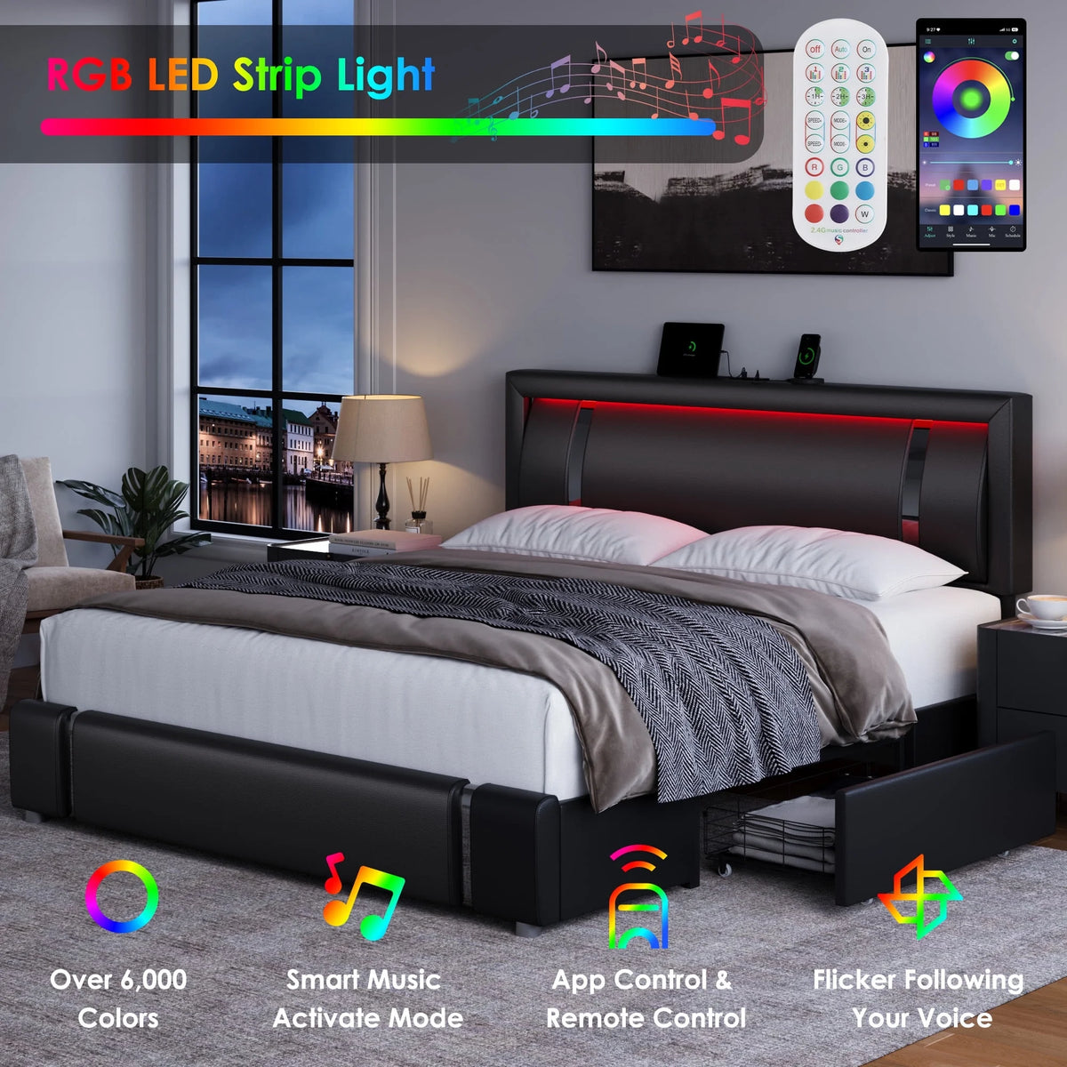 White Queen Size LED Bed Frame with 2 Storage Drawers E514