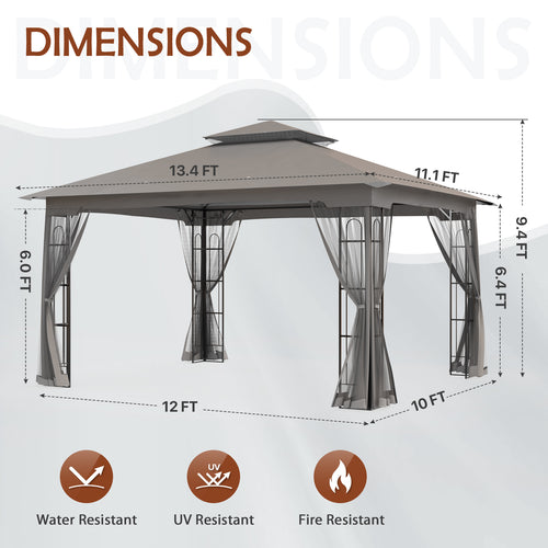 13x11 Patio Gazebo with Mosquito Netting, Two-Tier Canopy Tent L2758