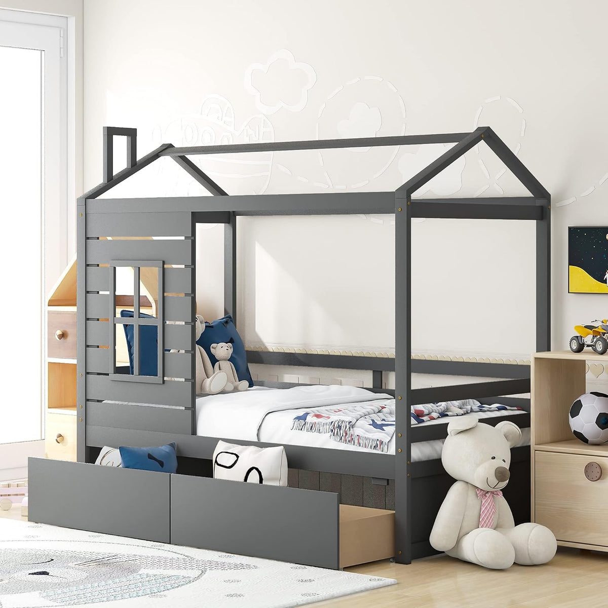 White Twin House Shape Wooden Floor Bed with Trundle C67920