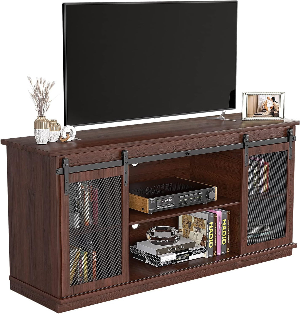Farmhouse TV Stand with Sliding Barn Doors and Storage Cabinets (Brown) R23736